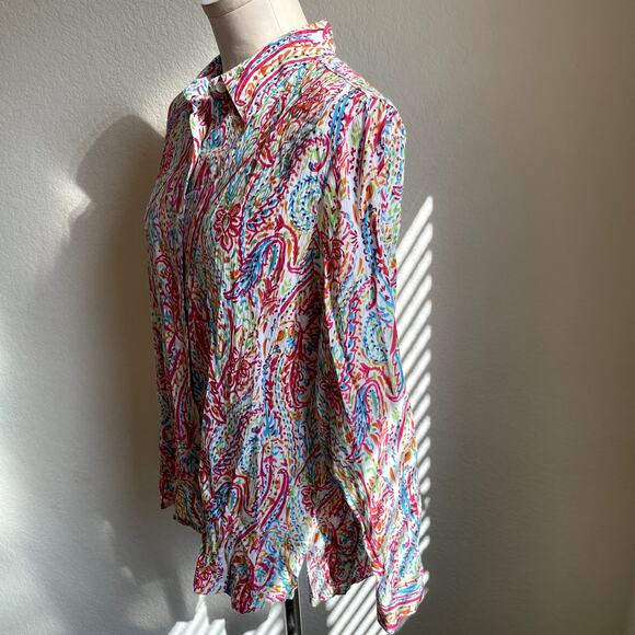 Appleseed multi color cotton button down long sleeve blouse womens Large lilly - Picture 5 of 6